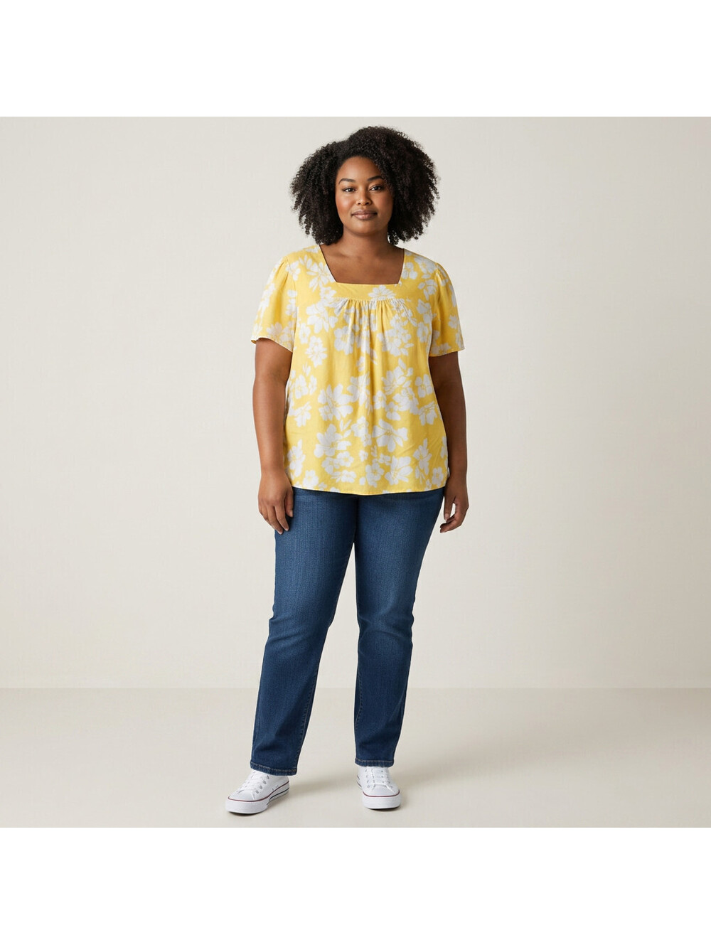 Terra & Sky Blouse Women 0X Plus Yellow Floral Square Neck Short Sleeve Linen